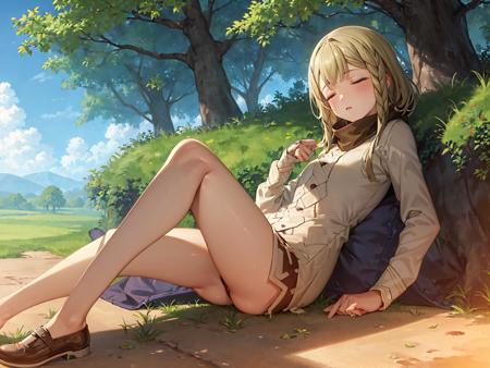 masterpiece, best quality, highres, 1girl, <lora:Kayo-000007:1>, bbkayo, blonde hair, blue sky, trees, sleeping, eyes closed,