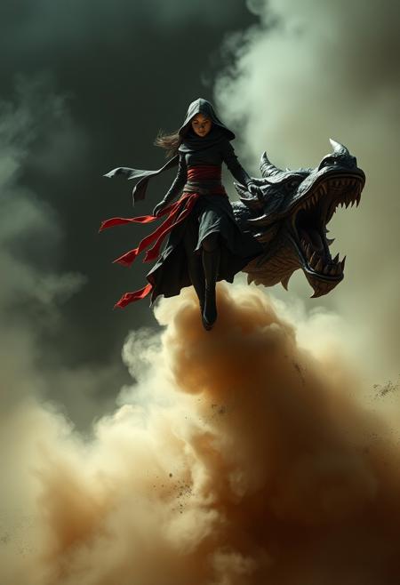 Epic realism in dark shots, 1 girl in a ninja costume floating on a dragon head surrounded by smoke from a sandstorm, motion blur style, realism style