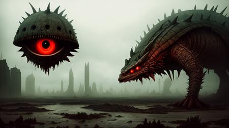 Dystopian Wasteland world, foggy place, and a giant, red-eyed creature stalks the dystroyed city, lurking in the shadows. It's a Lovecraftian creature, straight out of a horror story.