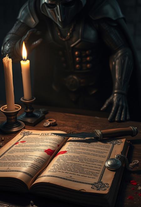 A dramatic close-up of a candlelit desk reveals an open grimoire, its pages inscribed with arcane glyphs and blood-red ink. Beside it lie a ceremonial dagger, a melted wax seal, and a silver locket glowing faintly. The surface is dark and textured, with burn marks and ash adding a sense of age and ritual. In the background, a shadowed figure looms—part scholar, part warlord—his form defined by hyper-stylized musculature and a cape that seems alive with motion. The contrast between the intimate, lifelike still-life elements and the exaggerated comic figure creates a visual tension. The candlelight highlights both the fine texture of the paper and the reflective metal of the armor, emphasizing dual themes of knowledge and violence. The mood is arcane and foreboding, capturing the moment before forbidden power is unleashed.