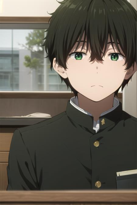 houtarouoreki, <lora:houtarou oreki s1-lora-nochekaiser:1>,
houtarou oreki, short hair, bangs, black hair, hair between eyes, (green eyes:1.5), male focus,
BREAK school uniform, gakuran,
BREAK indoors, classroom,
BREAK looking at viewer, (cowboy shot:1.5),
BREAK <lyco:GoodHands-beta2:1>, (masterpiece:1.2), best quality, high resolution, unity 8k wallpaper, (illustration:0.8), (beautiful detailed eyes:1.6), extremely detailed face, perfect lighting, extremely detailed CG, (perfect hands, perfect anatomy),