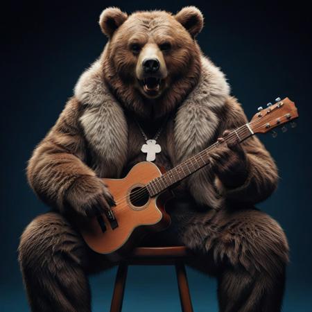 bear playing guitar singing, evang, sitting on a chair, furcoat, evang, detailed face, detailed hair
