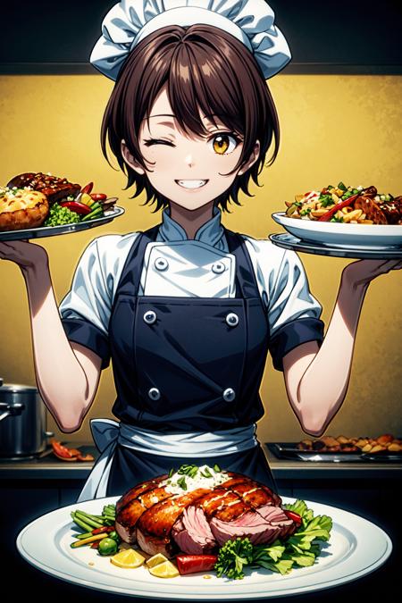 (absurdres:1.1, highres:1.1, ultra detailed:1.1), 
(masterpiece, best quality:1.1),
(insanely detailed, high resolution:1.1), 
(ultra detailed hair:1.2), 
(1girl, chef:1.3), solo, (food focus:1.3),
BREAK
brown hair, short hair, (one eye closed:1.1), 
facing viewer, closed eyes, ^ ^, light smile, 
chef hat, flat top chef hat, 
(turkey \(food\):1.3), 
holding, holding plate, plate, 
teeth, tray, boned meat, 
BREAK
upper body, 
simple background, light yellow background, 
(straight-on:1.1), 
BREAK 
<lora:flat2:-0.3> <lora:more_details:0.3>