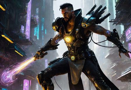 action shot, illustration by (Stephan Martiniere), (((cyberpunk, high fantasy))), a handsome rugged brawny muscular mexican cyberpriest casting a spell, early 30s, body hair, (short hair), (dark tan skin), black sleeveless robe with silver trim, short beard, earrings, ((plain) silver jewelry), round face, soft facial features, (iridescent magic (swirls, effects, bloom)), outdoors, (fine, exquisite, ornate, extreme, hyper (detail)), bright color