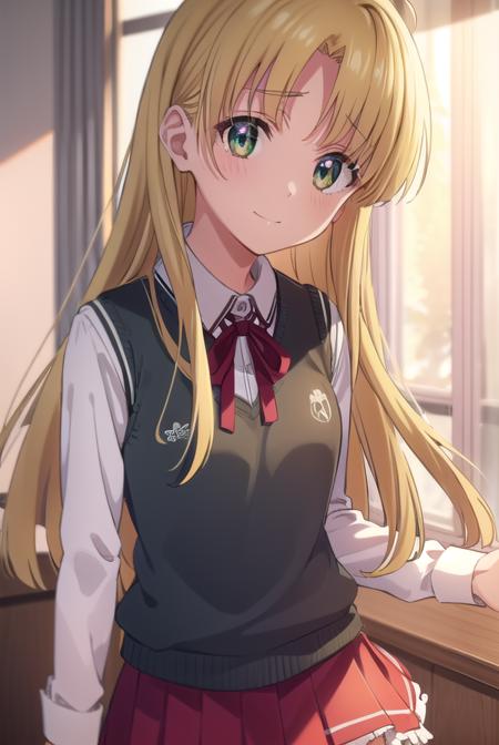 asiaargento, <lora:asia argento anime s1-lora-nochekaiser:1>,
asia argento, long hair, blonde hair, (green eyes:1.3), (parted bangs:1.5), ahoge, smile, (small breasts:1.2),
BREAK skirt, shirt, long sleeves, ribbon, school uniform, pleated skirt, vest, red skirt, sweater vest,
BREAK indoors, classroom,
BREAK looking at viewer, (cowboy shot:1.5),
BREAK <lyco:GoodHands-beta2:1>, (masterpiece:1.2), best quality, high resolution, unity 8k wallpaper, (illustration:0.8), (beautiful detailed eyes:1.6), extremely detailed face, perfect lighting, extremely detailed CG, (perfect hands, perfect anatomy),