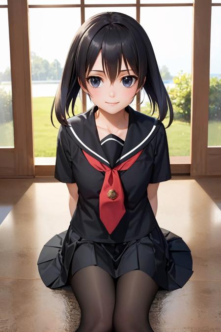 (masterpiece, best quality:1.2), solo, 1girl, kurome, smile, looking at viewer, arms behind back, school uniform, black serafuku, skirt, pantyhose <lora:agk_kurome:1.0>