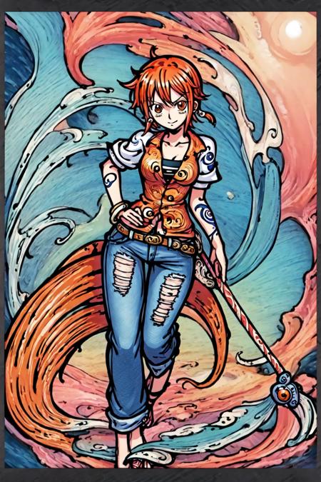 artbytokiame, masterpiece, best quality, 1girl, namiemb, orange hair, closed mouth, earrings, detailed background, jewelry, looking at viewer, shirt, short hair, long_jeans, solo, nami from one piece, ink painting, full body