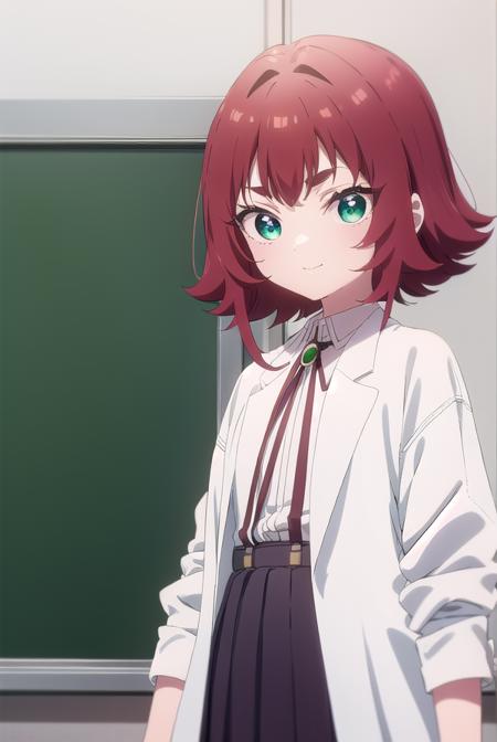 kusuriyakuzen, <lora:kusuri yakuzen s1-lora-nochekaiser:1>,
kusuri yakuzen small, short hair, (green eyes:1.3), white shirt, red hair, pleated skirt, socks, collared shirt, black skirt, neck ribbon, suspenders, antenna hair, black socks, (labcoat:1.2), suspender skirt, female child, smile,
BREAK ,
BREAK indoors, classroom,
BREAK looking at viewer, (cowboy shot:1.5),
BREAK <lyco:GoodHands-beta2:1>, (masterpiece:1.2), best quality, high resolution, unity 8k wallpaper, (illustration:0.8), (beautiful detailed eyes:1.6), extremely detailed face, perfect lighting, extremely detailed CG, (perfect hands, perfect anatomy),