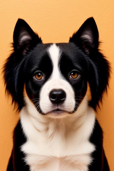 A close-up minimalist illustration of a black dog with striking yellow-orange eyes peeking from behind an orange wall. The artwork features smooth, clean lines and a subtle texture, emphasizing the cat's playful expression. The creamy beige background complements the orange accent, creating a harmonious and modern aesthetic.