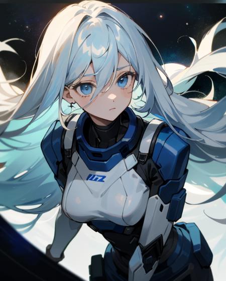 masterpiece, best quality, ultra detailing, 1 girl, photo of a boy with 20 y.o. upper body, up close, ((dark blue)) space suit, ((dark blue)) exoskeleton, character design, white hair, long hair, blue eyes, cute girl, hair between eyes, expressionless, straight hair, medium breasts, floating hair, full body