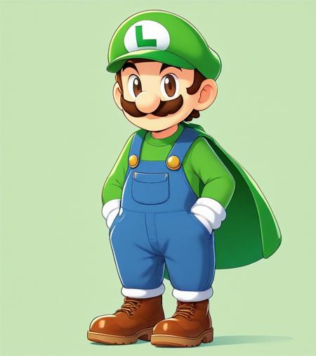 anime style, luigi, 1boy, blue overalls, boots, brown footwear, cape, facial hair, gloves, green headwear, green shirt, hat, mustache, overalls, shirt, simple background, socks, striped, striped socks, white background, white gloves, yellow cape. <lora:Dall-e_3_0.3-v2-000003>