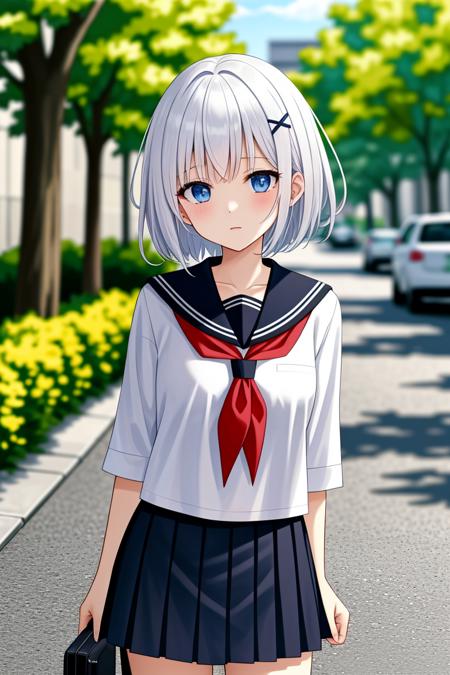 siesta diad siesta diad, 1girl, short hair, white hair, x hair ornament, blue eyes, neckerchief, serafuku, bangs, red bow, white shirt, skirt