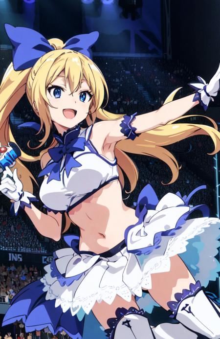 sakurada_hikari, large breasts, blue eyes, blonde hair, long hair, ponytail open jacket, shorts, kneehighs, t-shirt hair ribbon, white gloves, idol, dress, frills, lace-up knee-high boots, navel