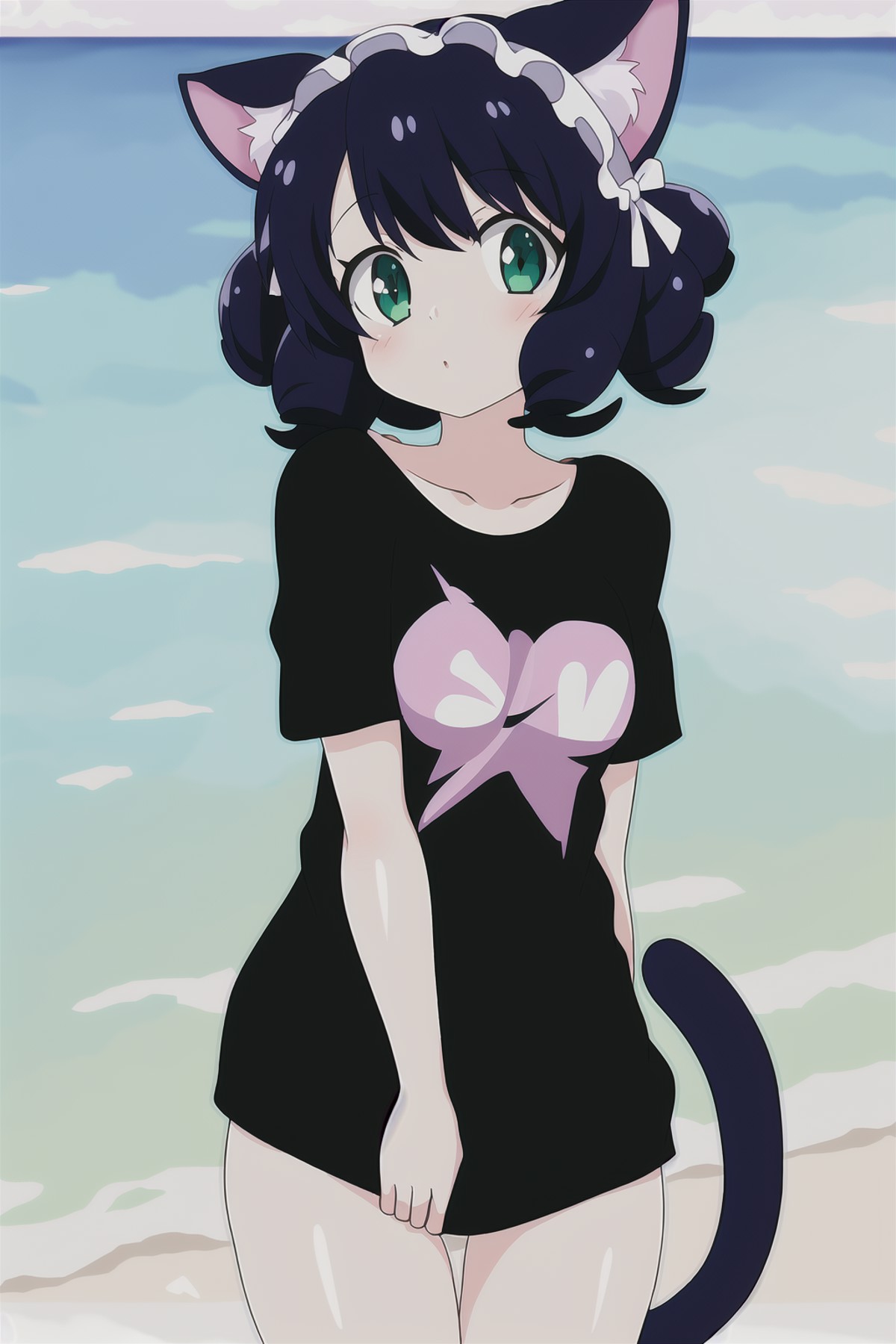 1girl, show_by_rock, cat ears, short black hair, (beach background), cat tail, t-shirt, without pants, green eyes, curly h...