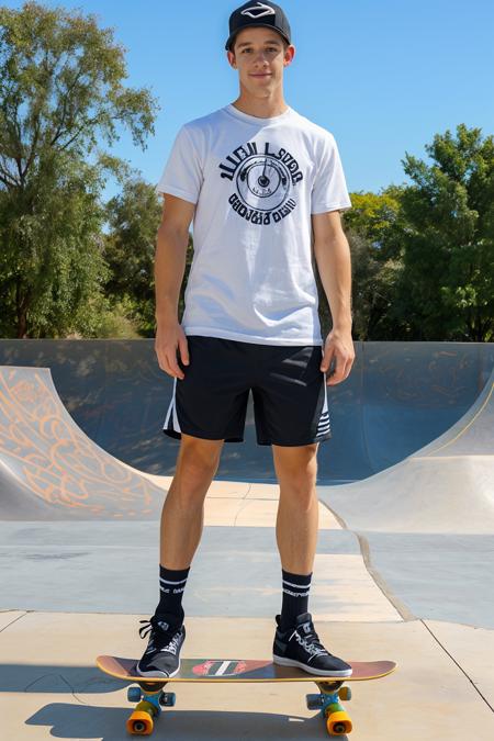 skateboarding park, slight smile, BradHunter is a skateboarder, wearing muscle shirt, shorts, socks and sneakers, standing on a skateboard, ((full body portrait)), wide angle <lora:BradHunter:0.8>