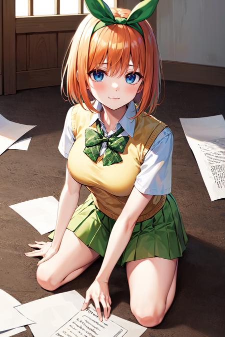 masterpiece, best quality, highres, aayotsuba, short hair, hair ribbon, green ribbon, hairband, green bow, collared shirt, sweater vest, yellow sweater, short sleeves, green skirt, pleated skirt, <lora:nakano_yotsuba_v1:0.7>, :3, kneeling, indoors, (paper:1.3)