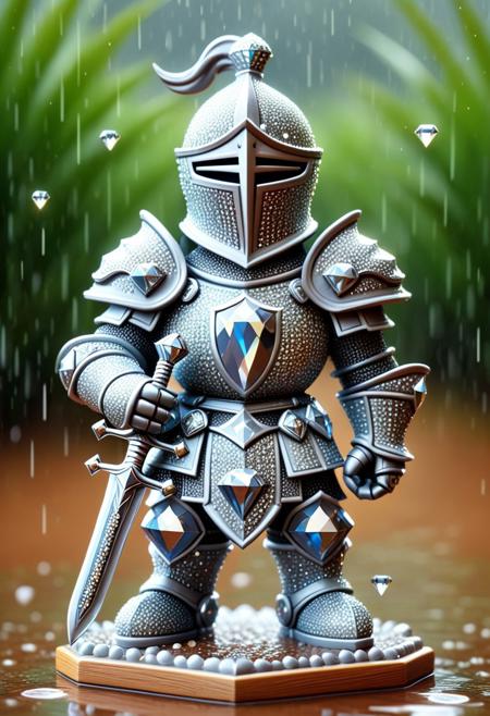 diamondMW, 
Wet rainy scene. Sculptural clay art. Cute cartoon character diamond knight statue with a large character. Modeled shapes. Textured surface. Drizzling rain. Reflective surfaces.