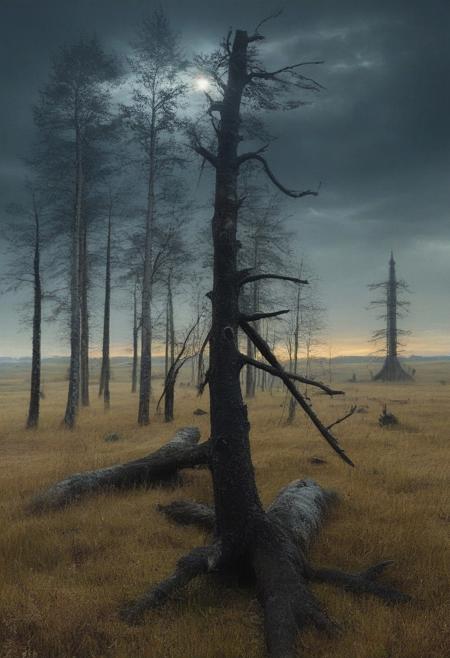 Caspar David Friedrich (romanticism), Pine barrens with charred tree skeletons, birch bark peeling scrolls, napoleonic-era signal tower,corncrake in tall grass.,Art painting by Makoto Shinkai and Fiona Staples and Tran Nguyen, featured on Caravaggio,,
artstation trending, macro lens, volumetric light,
<lora:Illustration_Insanity:0.3>,
<lora:dreamshaperXL10_lora:0.7>,
<lora:extremely_detailed:0.3> extremely detailed,
<lora:DetailMaximizer:0.3>,, Surrealism art style, dreamlike and irrational imagery, explores the unconscious mind, juxtaposition of unlikely elements, challenges reality and logic