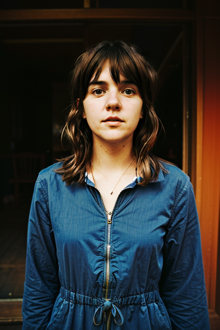 CourtneyBarnett, Parisienne dress, feminine pose, well-lit wooden structure, abandoned Wild West ghost town, late afternoon, colorful red orange yellow light, very emotional camera angle, medium format camera, in the style of (Life Magazine)