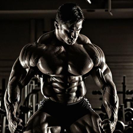 In the dimly lit setting of a gym, a bodybuilder exhibits a striking pose, illustrating the detailed sculpting of his physique. The sharp lines and shadows highlight the intricate muscle definition, from the striations in his deltoids down to the vascular forearms. His commitment to fitness and strength training is evident in the tonality and symmetry of his muscles, captured here in a moment that encapsulates the essence of bodybuilding as both an art and a sport.