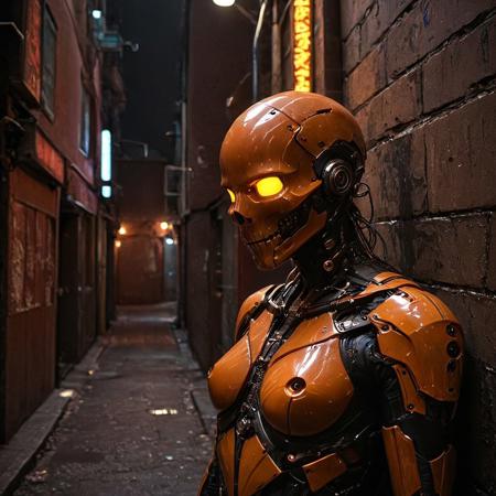 score_9, score_8_up, score_7_up, score_6_up, realistic, colorful, cinematic lighting, dark, , incredibly absurdres, BREAK  solo, DemonEngin3, street punk , beaten cloak, science fiction, cyborg,parts made of caramel, humanoid punk, science fiction, punk leaning on a wall in a dark neon alley,  evi@decrepPunk, ,  sinozick, ultra-detailed, intricate details, high quality, best lighting ,