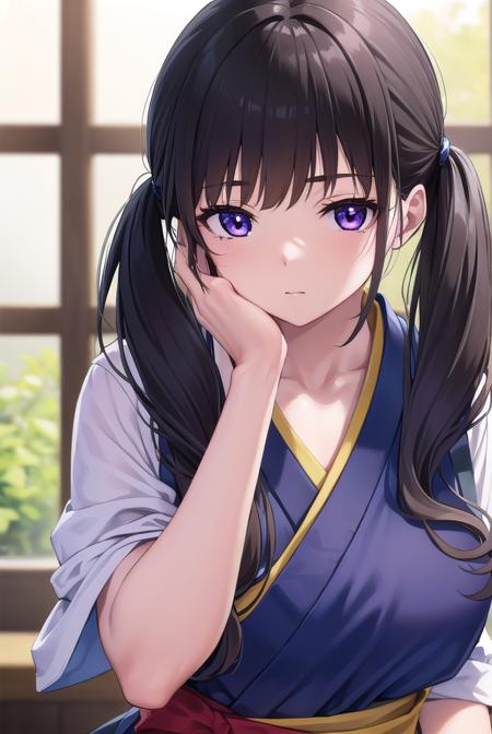 takinainoue, <lora:takinainoue-lora-nochekaiser:1>, 
inoue takina, long hair, bangs, twintails, black hair, (purple eyes:1.2),
BREAK japanese clothes, kimono, apron, waist apron, blue kimono, waitress,
BREAK indoors, cafe,
BREAK looking at viewer, (cowboy shot:1.5),
BREAK <lyco:GoodHands-beta2:1>, (masterpiece:1.2), best quality, high resolution, unity 8k wallpaper, (illustration:0.8), (beautiful detailed eyes:1.6), extremely detailed face, perfect lighting, extremely detailed CG, (perfect hands, perfect anatomy),