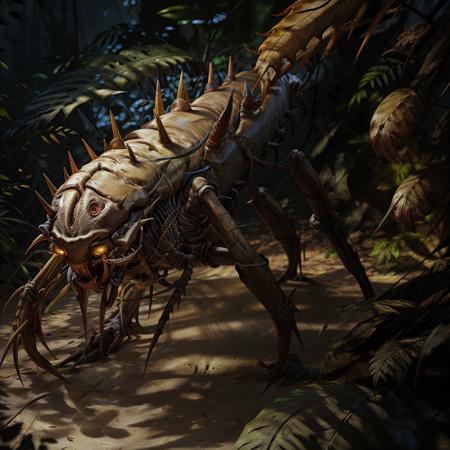 <lora:RPGAnkheg:1>ankheg:1.2, ((mandibles)), large eyes, spikes, yellow body, open mouth, jungle, realistic, 32k, cinematic, light and shadow, photorealistic, ultra photoreal, best quality