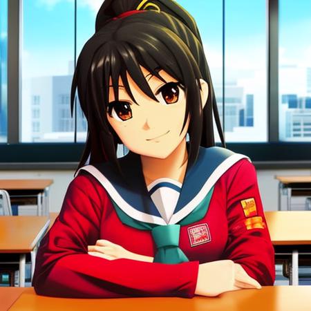 masterpiece, best quality, A teenage girl wearing a school uniform, smile, in the style of Kyoto Animation in the 2010s, official art, ((((black hair)), eyes of Haruhi Suzumiya, face of Haruhi Suzumiya)), beautiful symmetric face, beautiful eyes, ponytail, beautifully detailed hair, sitting in a classroom on a spring day, city scape from the window, alone, solo, 8k, posing of Haruhi Suzumiya