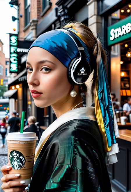 view from side,(masterpiece), (best quality)Johannes Vermeer painting Girl with a Pearl Earring, wearing black headphone, holding 1 Starbucks latte,city street, with a cool expression,cyberpunk <lora:add-detail-xl:1>