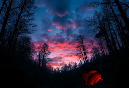 Medieval, D&D, high contrast, real photo, 4k, pre-dawn sky, vibrant colours, a deciduous forest, dark and foreboding, a cave entrance glows red with the fires of hell