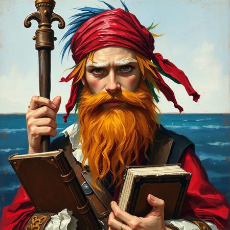 Oil painting rendered in a loose, impressionistic style with thick, expressive brush strokes. Full body portrait of a young pirate wizard. His outfit is a mish mash of wizard-like scholastic and pirate clothes. He wears a red bandana and has a long ginger beard. He has big white eyebrows. His hair is a mixture of colors: blue, red, yellow, green. He holds a book and a wizard's staff. The background shows sea and a horizon.