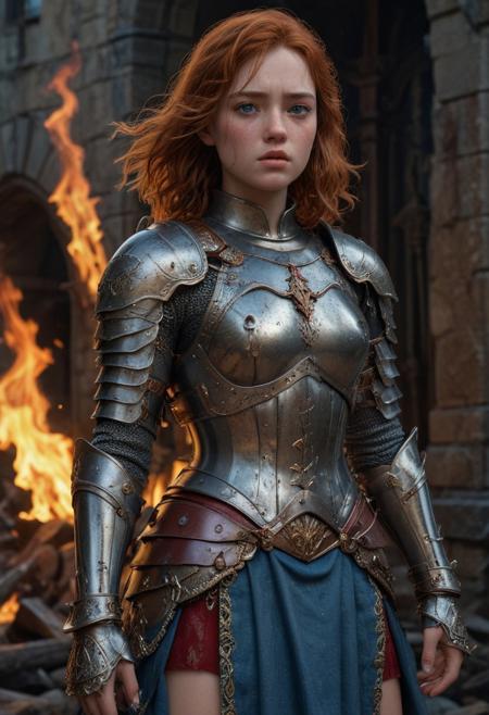 High resolution ultra-realistic of Beautiful Warrior Sadie Sink as Joan of Arc, 8k, capturing the intensity of the moment, cinematic lighting, standing on a bloody and stormy battlefield in bloody battle, wavy red hair, realistic dirty pale face, realistic blue eyes,  beautiful hourglass figure, burning in a medieval Town, intricately designed iron and silver armor, red mini skirt, Dark Ages Aesthetic, perfect athletic figure, beautiful Warrior Joan of Arc, fire, ultra realistic, cinematic style, vigorous and seductive, athletic figure, dark fantasy, dramatic lighting, wet and sweaty skin, dirty skin, athletic figure, dark fantasy, dramatic lighting, Greg Rutkowski style,, Warrior Joan of Arc on in iron armor, hyper-detailed, hyper-realistic, bright colours, Attractive 21 old years girl, Attractive, beautiful firm Breasts, sharp focus, digital painting, Photograph Taken on Nikon D750, Alphonse Mucha, 8K, athletic figure, Hyperdetailed, hyperrealism, Attractive, Attractive bust girl, asymmetric balance
