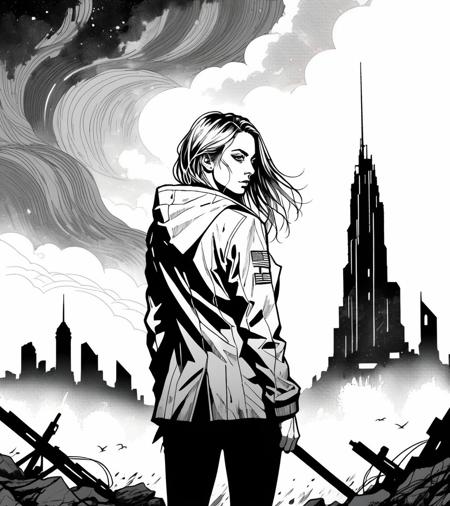 (Kaley Cuoco,a girl with a beautiful face), nighttime, cyberpunk city, dark, raining, neon lights, ((Wearing a blazer over a hoodie)), blazer, hoodie,(cyberpunk 2077 cityscape), (<lora:itoStyleLycoris:0.5>), cyberpunk 2077, cyberpunk, synthwave, 1980s, futurism, brutalism, neuromancer, cinematic photo,, detailed hair, long hair, rainbow colored hair,Amid the ruins of a once-majestic fortress, a soldier pauses, her silhouette ghostly against the backdrop of shifting terrains that oscillate between detailed battle maps and molten landscapes, Tornado, Barren trees, Menacing,,art by Agnes Cecile,surrounded by enemy military officers