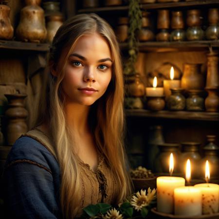 highly detailed documentary photo of herbalist,

herbalist, 1girl, solo, long hair, looking at viewer, blue eyes, blonde hair, flower, lips, realistic, candle, medieval shop,

masterpiece, best quality:1.1, 

ultra photoreal,
photorealistic:1.0, 
sharp focus:1.1, 
depth of field:1.1, 
god rays:1.4,

50mm, style of Nathan Wirth, Hasselblad X1D II, Porta 160,
