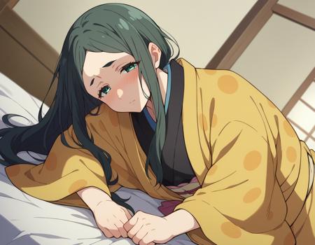 ayaka shindou, long hair, black hair, green eyes, japanese clothes, kimono, sash, obi, haori,