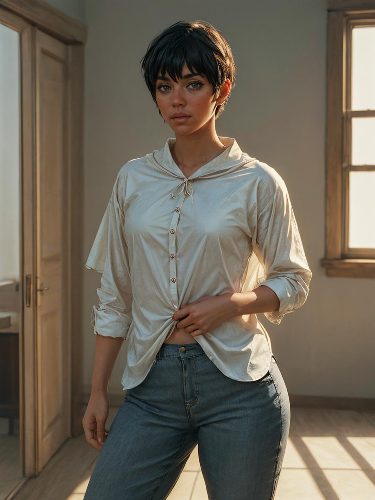 A woman wearing a white shirt and jeans.