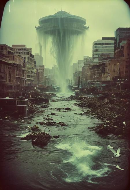 ()Hyoer Realistic:2.0)Polaroid picture 
an image of 
A futuristic, post-apocalyptic Phoenix, Arizona, transformed into a waterland by a massive tsunami. Towering waves crash against the city's skyscrapers, as the once-thriving desert landscape is now a network of canals and waterways, reminiscent of Venice. The air is filled with the sound of rushing water and the cries of seagulls, as the city's inhabitants adapt to their new aquatic environment. The atmosphere is one of surreal wonder, as the desert blooms with marine life, and the city's architecture blends seamlessly with the ocean's fury
