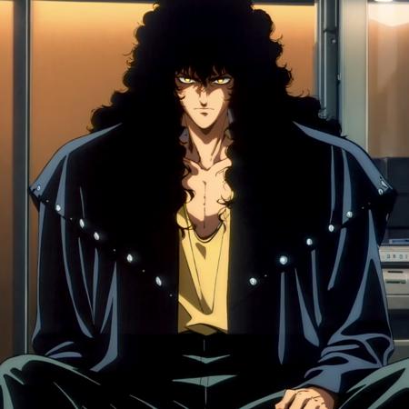 Asura,1man,black hair,curly hair,yellow eyes, long hair, big hair, black coat,yellow shirt,black pants, tank_top, long legs,