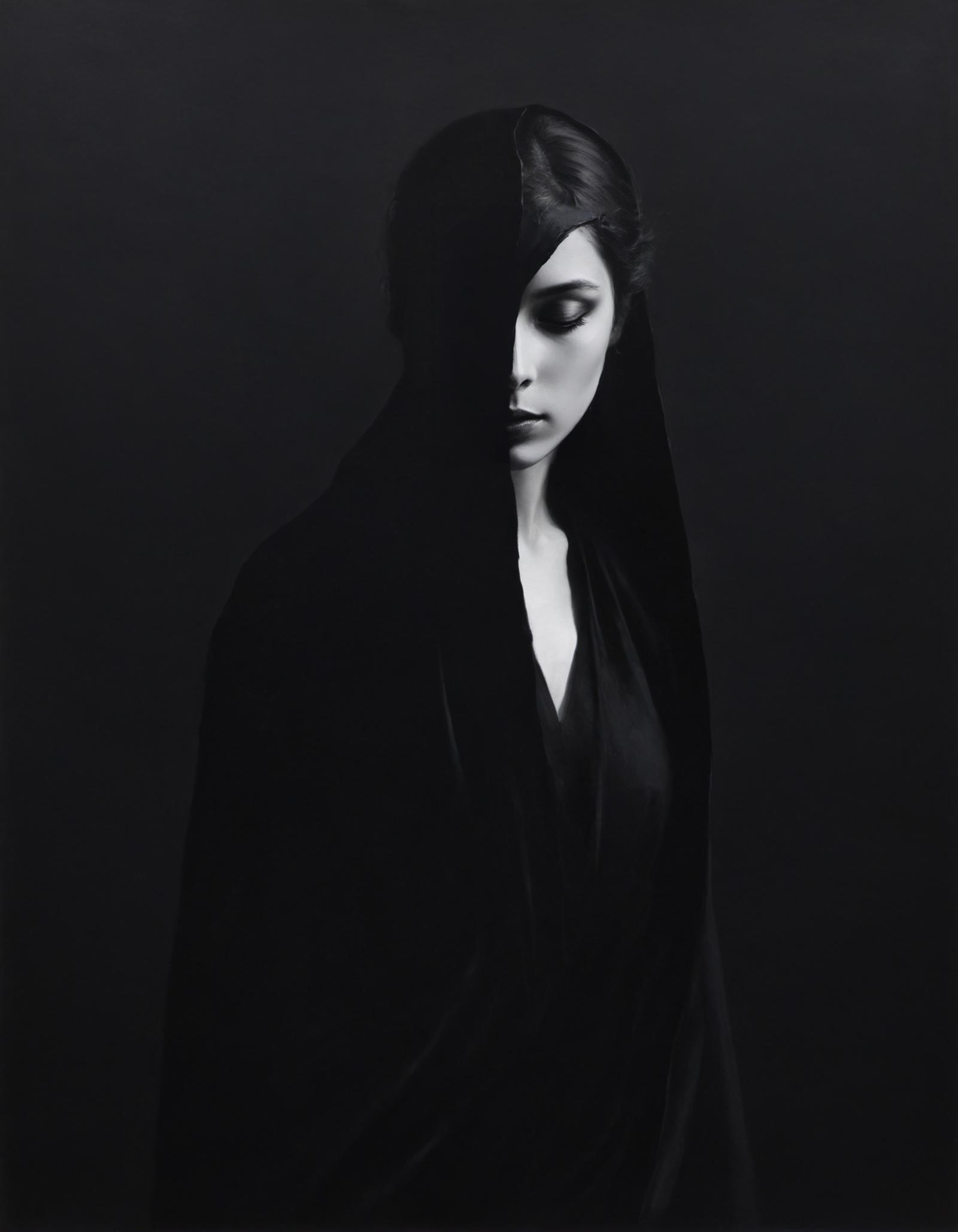 A woman with a veil on her head and a black top standing in a dark room.