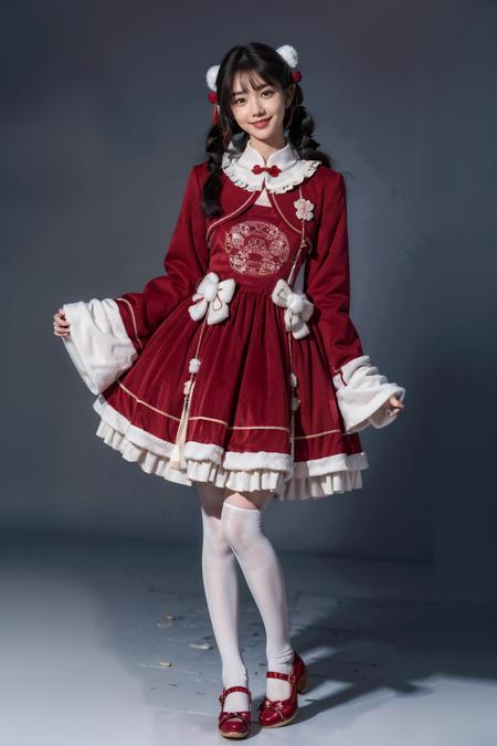 best quality, masterpiece, realistic, photorealistic, 1girl, solo, looking at viewer, smile, full body, standing, low twintails, bangs, cyb dress, chinese clothes, frilled dress, wide sleeves, long sleeves, white pantyhose, shoes, simple background, <lora:chinese_new_year_dress_style2_v1:0.7>