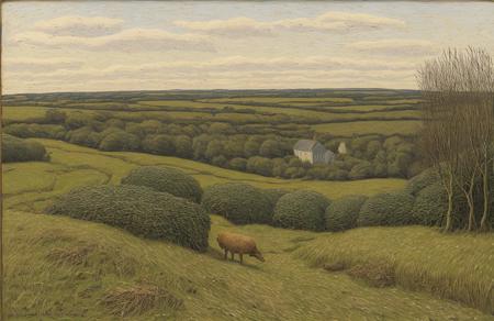 style of Henry Moret, thicket ,coppice ,farm ,hedgerow, Tundra ,