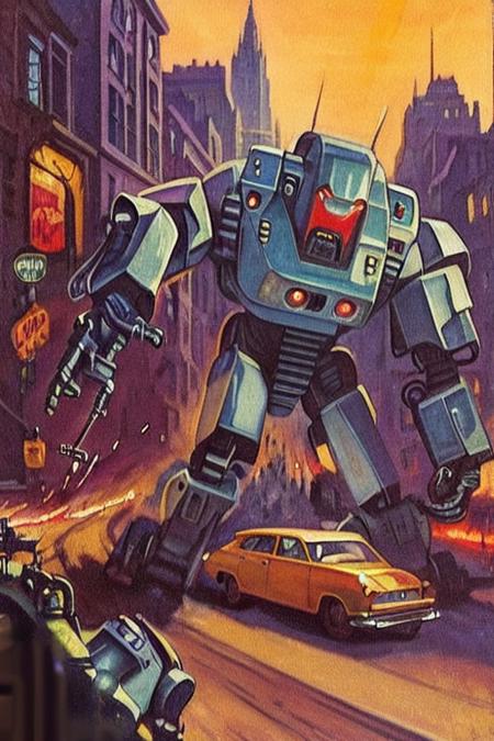 sd-pulp of an evil robot driving down the main street of a small town looking for people to kill, dime mysteries, cover art, illustration