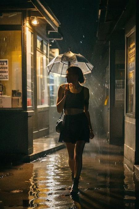 In the midst of the rain-slicked sidewalk, she walks with purpose, each step leaving a soft ripple in the puddles below. The gentle patter of raindrops adds to the rhythm of her journey, soaking her attire and hair with a glistening sheen. As cars pass by, their headlights ray of light cut through the darkness, casting a halo of light around her figure, momentarily illuminating the surrounding streetscape. Meanwhile, the colorful neon lights from nearby storefronts paint her face with a kaleidoscope of hues, creating a surreal and captivating scene amidst the urban chaos. heavy rain