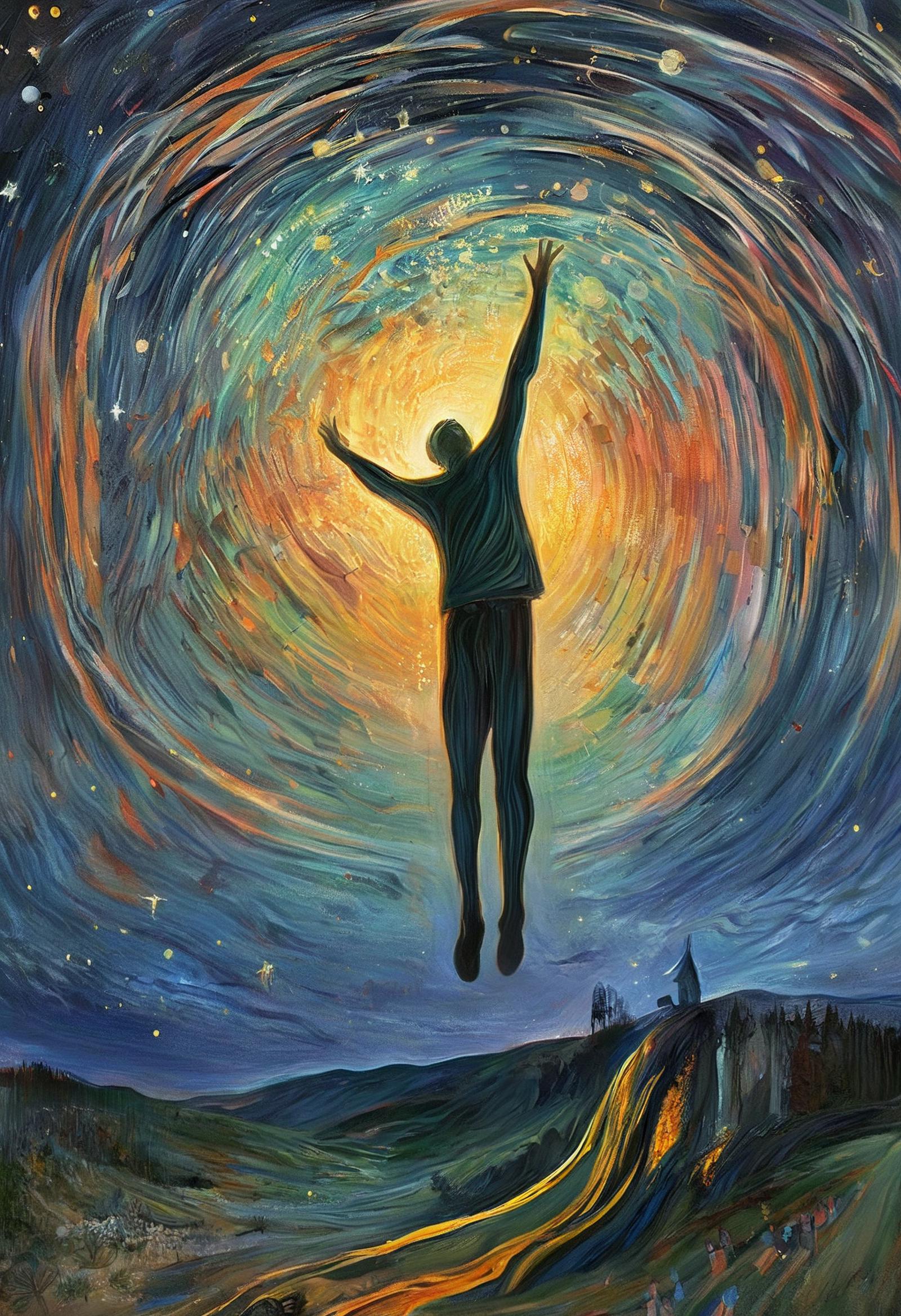 A person reaching for the sky with their arms outstretched, surrounded by a colorful and vibrant background.