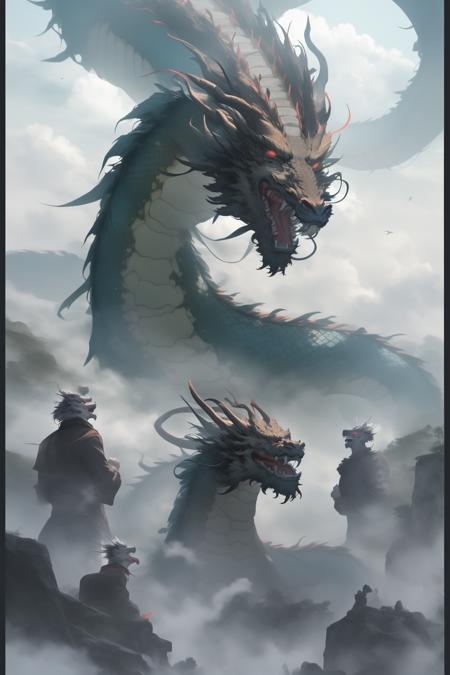 chinesedragon, dragon, bird, holding, standing, cloud, red eyes, animal,  open mouth, teeth, monster, cloudy sky,  fog,  outdoors,  oversized animal