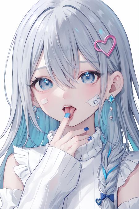 1girl,solo,braid,jewelry,tongue,tongue out,earrings,looking at viewer,heart,hair ornament,multicolored hair,frills,food,blue eyes,long hair,sleeves past wrists,bandaid on hand,frilled sleeves,long sleeves,grey hair,bangs,nail art,blue hair,nail polish,bandaid,hair between eyes,bow,gem,sweater,grey eyes,plaid,blue nails,white background,portrait,to-style,beautiful eyes,