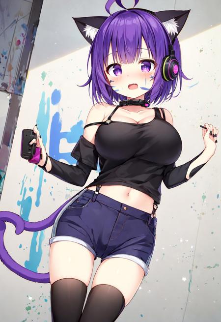 1girl, animal ears, solo, headphones around neck, cat ears, virtual youtuber, tail, ahoge, breasts, cat tail, headphones, hair ornament, thighhighs, purple hair, paint splatter, cleavage, cat hair ornament, shirt, shorts, nail polish, short hair, purple eyes, open mouth, bangs, looking at viewer, black thighhighs, paint splatter on face, animal ear fluff, off-shoulder shirt, overalls, black nails, black shirt, cat girl, large breasts, off shoulder, (masterpiece,best quality)