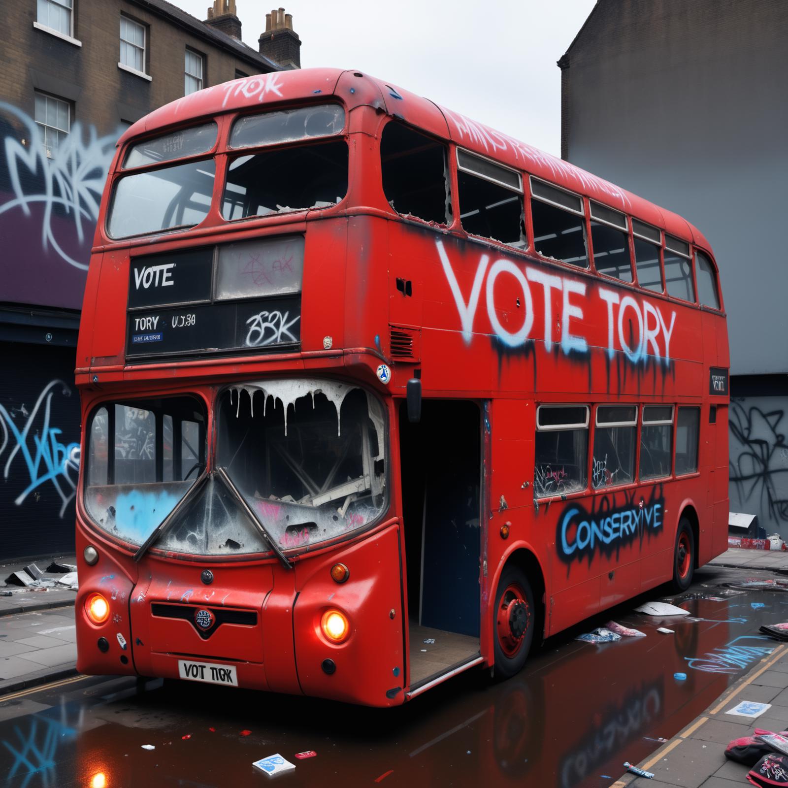 Vote Tory Graffiti on a Red Bus Parked in a Run Down Area