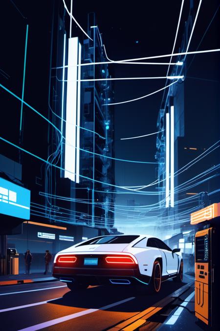cyberpunk woman connected to cyberspace, wires, cables, tubes, complex, surreal, futuristic, three fourth perspective, high tech, lineart, flat colors,  <lora:lineartSDXL:1>, white and brass science fiction hovering industrial luxury car by a downtown hotel, science fiction, cinematic lighting, night time, volumetric light, imax, dslr, highly detailed, volumetric fog, dystopian vibes, dutch angle, cinematic angle