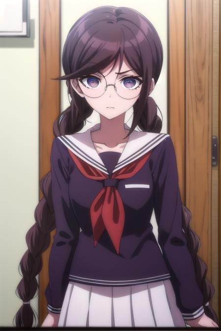 toukofukawa, <lora:touko fukawa s1-lora-nochekaiser:1>,
touko fukawa, long hair, bangs, brown hair, braid, glasses, mole, twin braids, mole under mouth, round eyewear, (brown eyes:1.3),
BREAK skirt, shirt, long sleeves, school uniform, serafuku, sailor collar, neckerchief, black shirt, red neckerchief,
BREAK indoors, classroom,
BREAK looking at viewer, (cowboy shot:1.5),
BREAK <lyco:GoodHands-beta2:1>, (masterpiece:1.2), best quality, high resolution, unity 8k wallpaper, (illustration:0.8), (beautiful detailed eyes:1.6), extremely detailed face, perfect lighting, extremely detailed CG, (perfect hands, perfect anatomy),